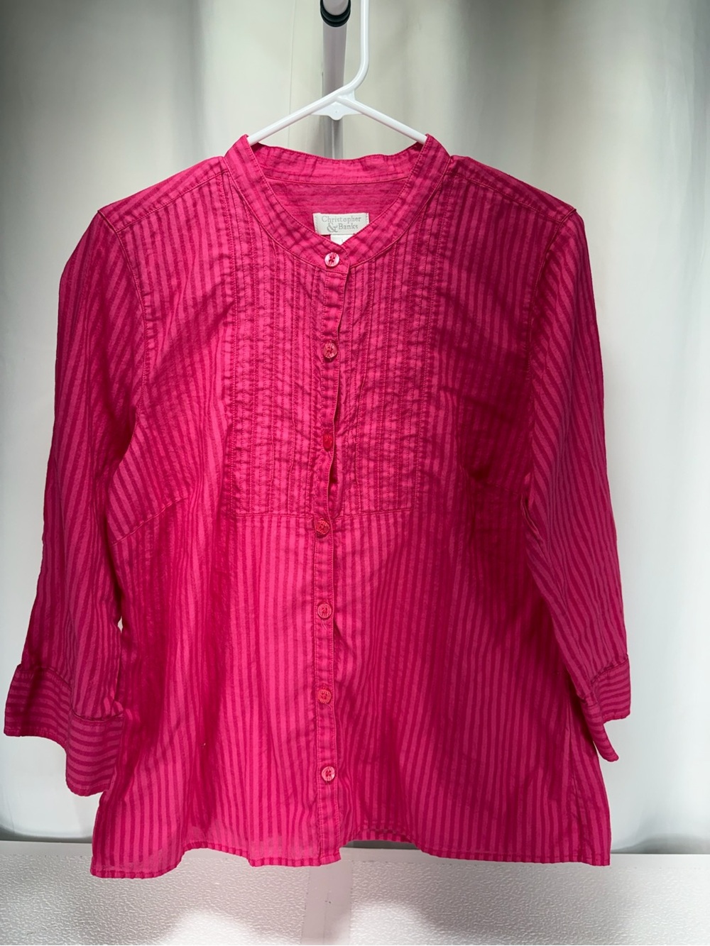 Christopher & Banks Hot Pink Striped Pintuck Button-Front Shirt 4654
